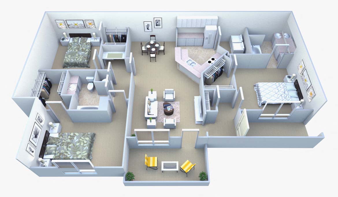 Floor plan for 3 beds, 2 baths, 1625 sqft